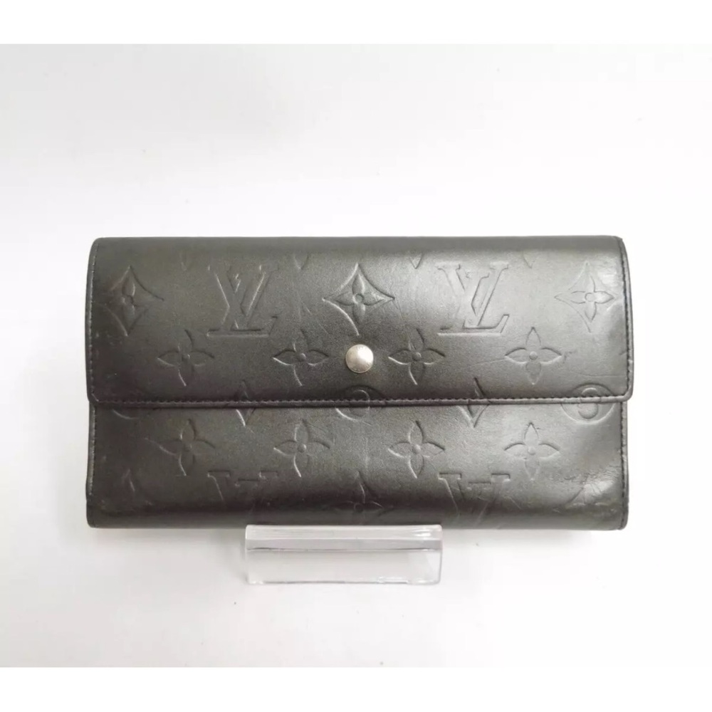 Louis Vuitton Matte Black Monogram Long Wallet with Flap Closure